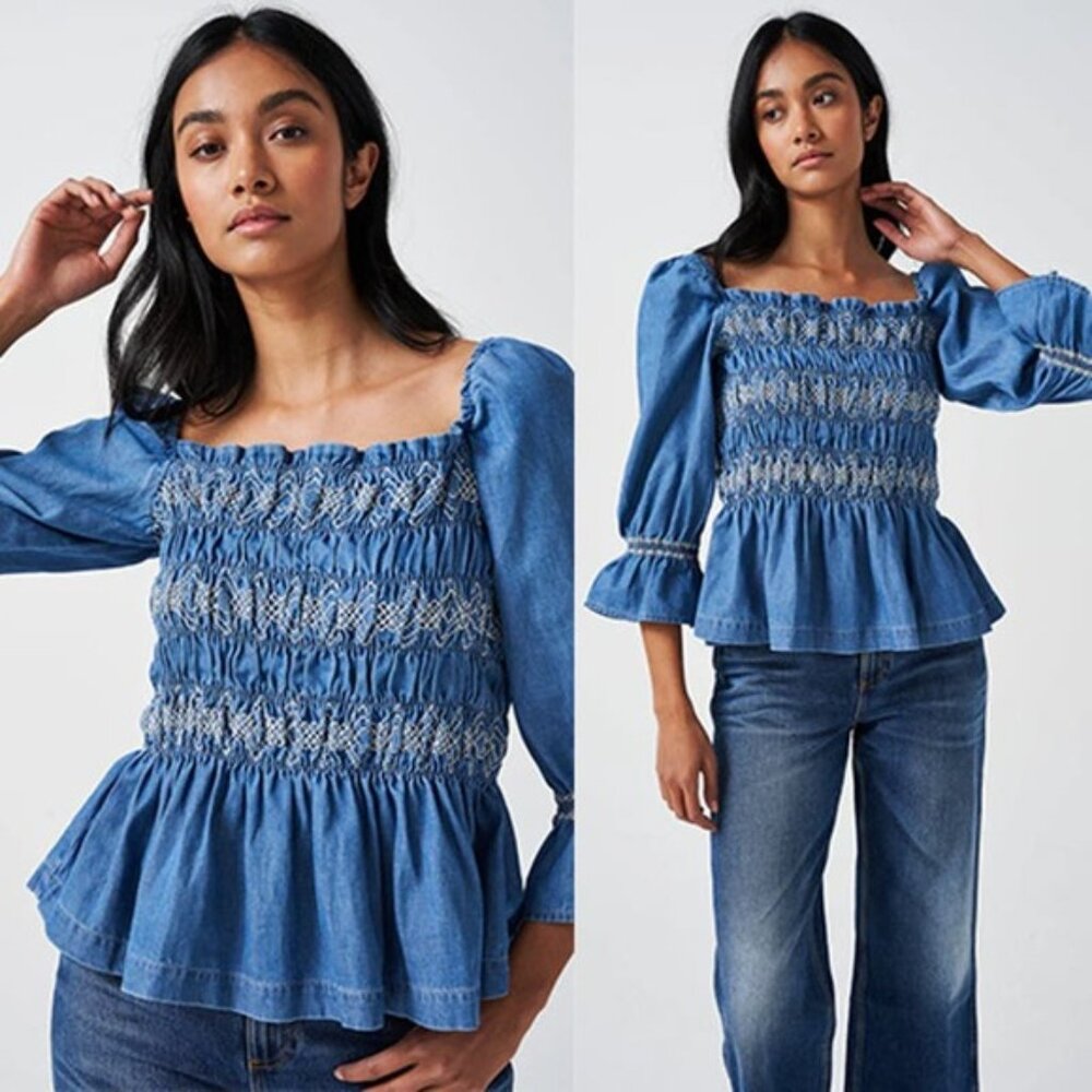 NWT Seventy + Mochi Sally Top 3/4 Sleeve Square Neck Top Blue Rodeo Vintage